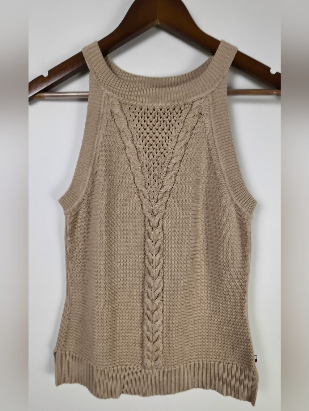 Tommy Hilfiger Cable Knit Sleeveless Sweater Top Tan Beige Cotton Blend